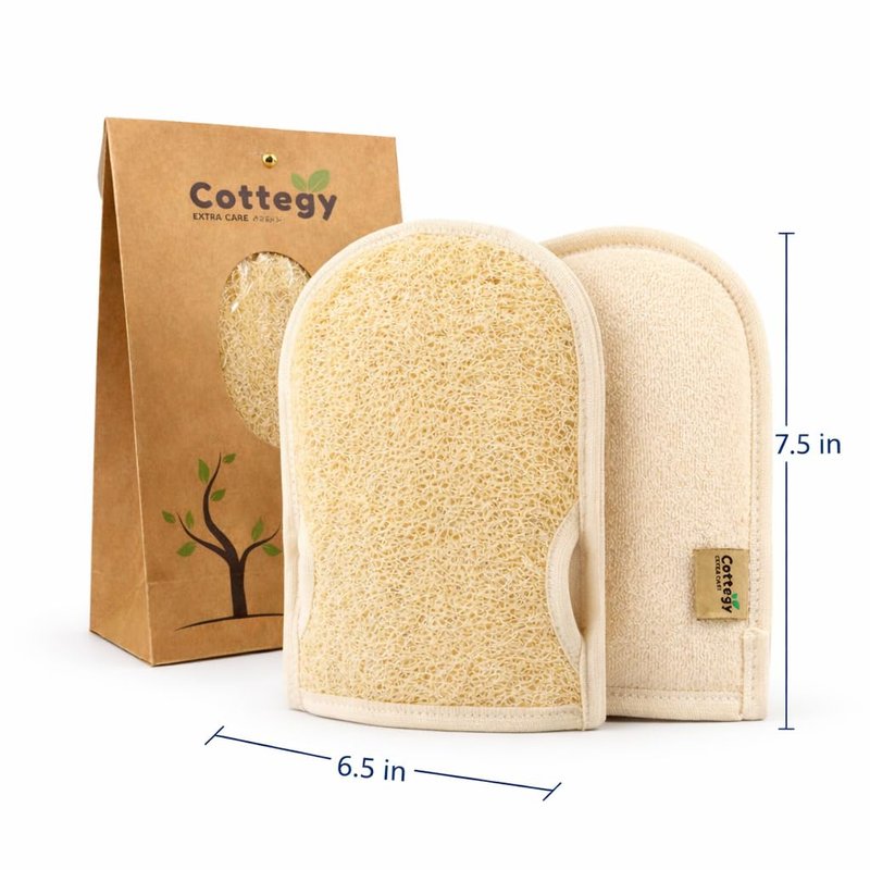 Cottegy Premium Exfoliating Loofah Gloves – Natural Egyptian Loufa Sponge Body Scrubber Mitts for Soft, Radiant Skin – Left and Right Thumb Holes - Gentle Exfoliation & Deep Clean (1-Pack) (Count 2)