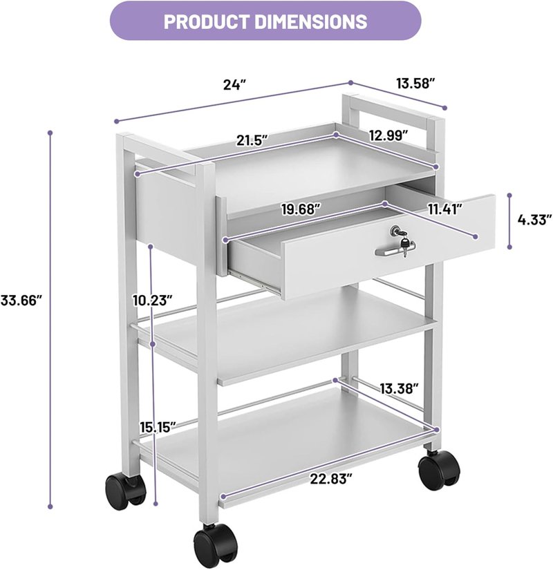 Biosp Salon Trolley Cart - 3 Tier Rolling Utility Cabinet with Lockable Drawer | White Wooden Design