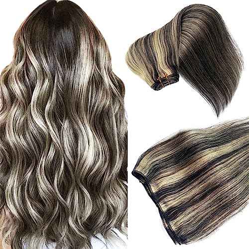 Sew in Hair Extensions Real Human Hair, 20 Inch 100G Weft Hair Extensions Human Hair Bundles Natural Black to Blonde Highlights Hair Extensions Real Human Hair Weft Weave Bundles for Women