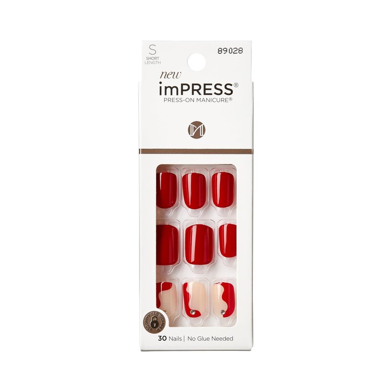 KISS imPRESS Press-On Manicure Fake Nails – Adore You, Short, Square, Red, Easy Press On, Chip Proof, Smudge Proof, Waterproof, No Dry Time, Comfortable & Secure, Super Hold Adhesive | 30 Count