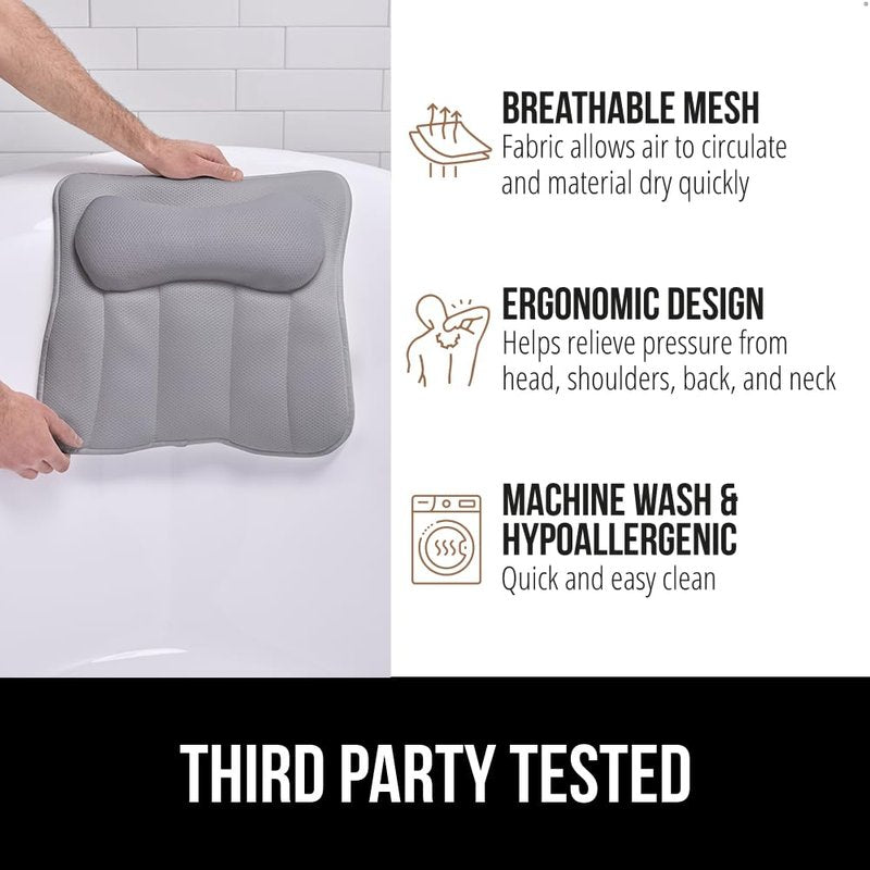GORILLA GRIP Bath Pillow for Tub, 6 Strong Suction Cups, 4D Mesh FlexComfort Headrest for Neck, Head and Back Support, Luxury Machine Washable Pillows, Bathtub Accessories, Spa Gifts for Mom, Gray