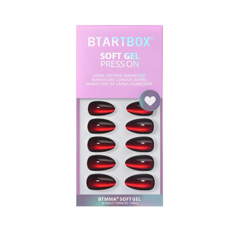 Press On Nails - Vampire's Gaze Deep Red Cat Eye Almond | 32 Glossy Stick On Nails in 16 Sizes for Halloween