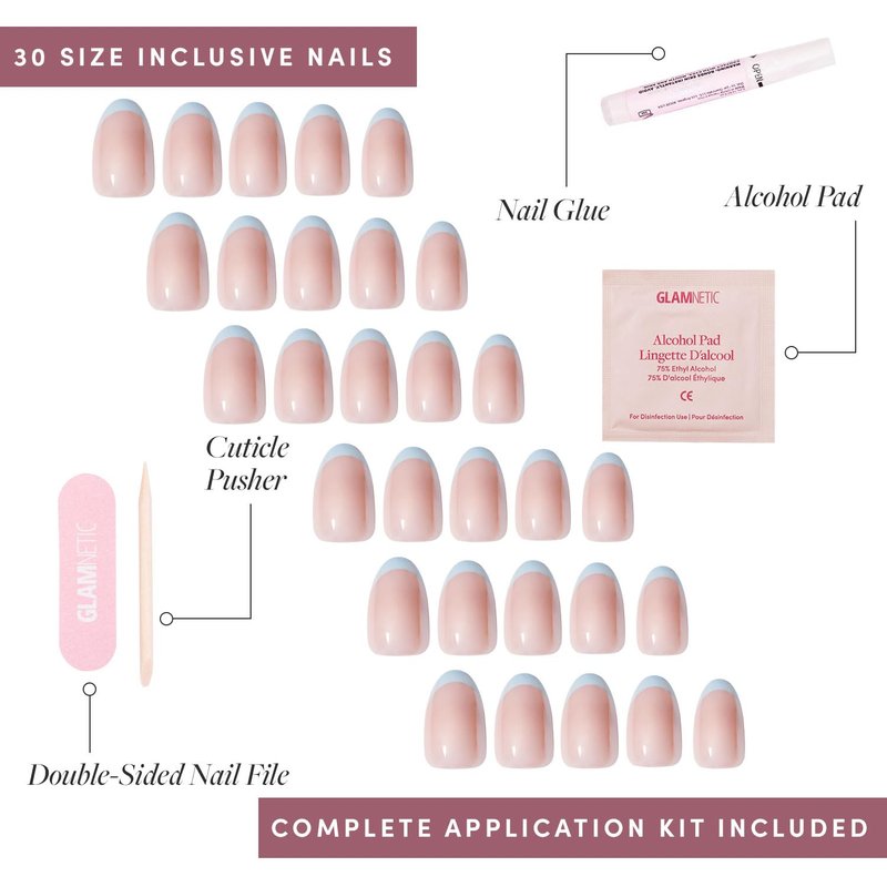 Glamnetic Press On Nails - Into Blue | Glazed Short Oval Fake Nails with Periwinkle French Tips, Salon Quality Summer Nails | 15 Sizes - 30 Nail Kit with Glue
