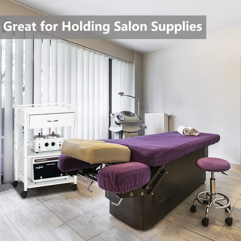 Salon Trolley Cart - Wooden Rolling Storage Station with 1 Drawer & 2 Trays | Mobile Utility Cabinet for Beauty & Spa, White