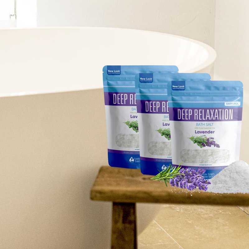 Deep Relaxation Bath Salt (3 Pack Plus Scoop) Relaxing Bath Soak with Pure Lavender Essential Oil in BPA Free Pouch with Press Lock Seal Made in USA 3 Pack of 2 Lbs 6 Lbs Total