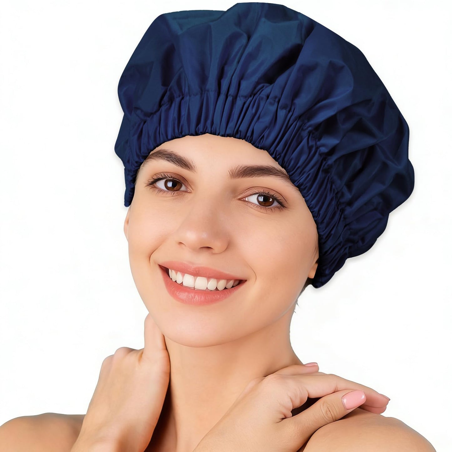 TUVATU Reusable Shower Cap for Women – Large Waterproof Satin Shower Bonnet for Long, Curly & Braided Hair, Washable Bath Hair Cover, Navy Blue
