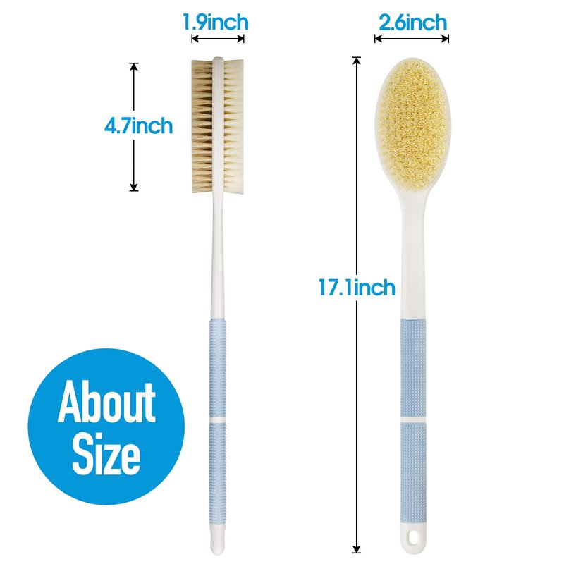 Backski Anti-Slip Body Scrubber for Shower, Long Handle Brush With Stiff and Soft Bristles, Exfoliator for Bath or Dry Brushing