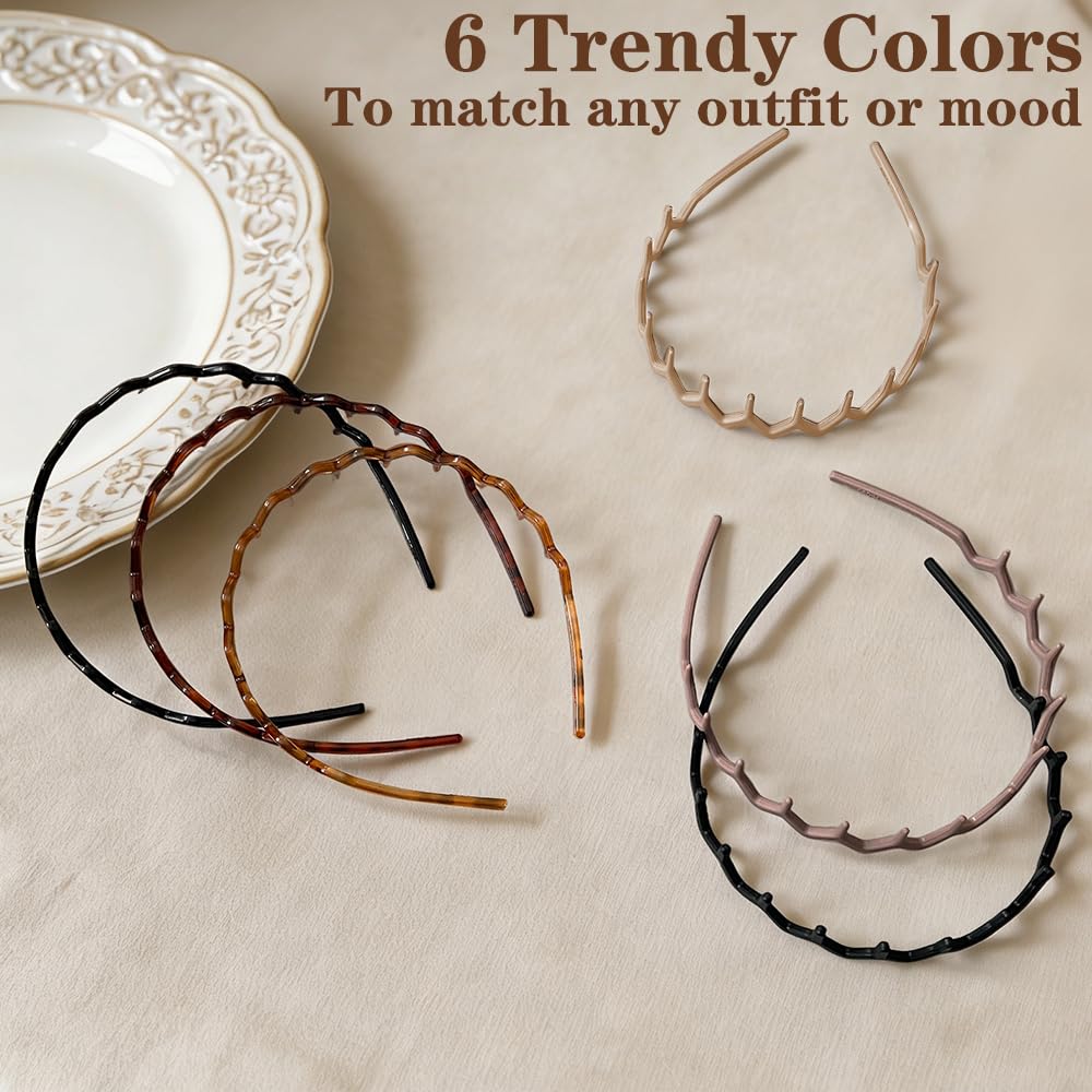 Zig Zag Headbands for Women - Non-Slip Plastic Hair Bands | 6 Pack, 90s Retro Style Hair Accessories