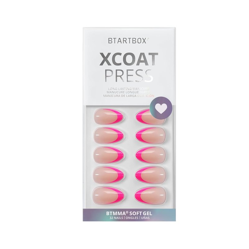 BTArtbox French Tip Press On Nails - Hot Pink Almond Shape | 32 Soft Gel Fake Nails Kit in 16 Sizes