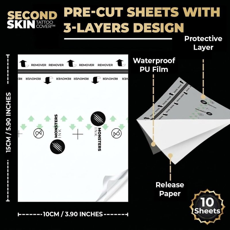 10 x Second Skin Tattoo Cover Patches 5.91" x 3.94" Tattoo Bandage Film, Clear Protective Waterproof Wrap for New Tattoos, Adhesive Aftercare Cover with Matte Surface