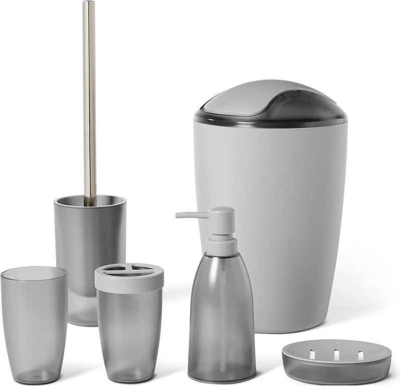 Bathroom Set - 6-Piece Grey Bathroom Accessories with Toothbrush Holder, Soap Dispenser & More