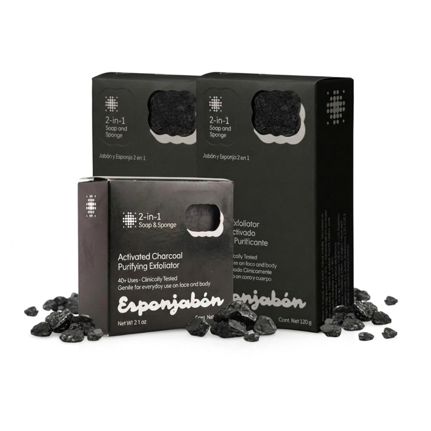 T.Taio Esponjabon Charcoal Soap Sponge - Cleansing Shower Scrubber - Cleaning Bath Wash Scrub - Oil Removal - Massage & Lather Foot, Elbow, & Face - Bathroom Accessories - Charcoal, Mini Soap Included