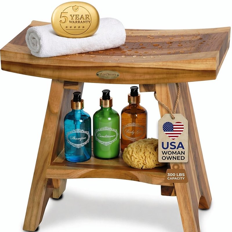 EcoDecors Teak Shower Bench with Shelf 18", 300 lb Capacity – Fully Assembled Waterproof Wood Spa Seating for Adults - Compact Fit for Small Bathrooms & Walk-in Showers - Slip-Resistant Feet