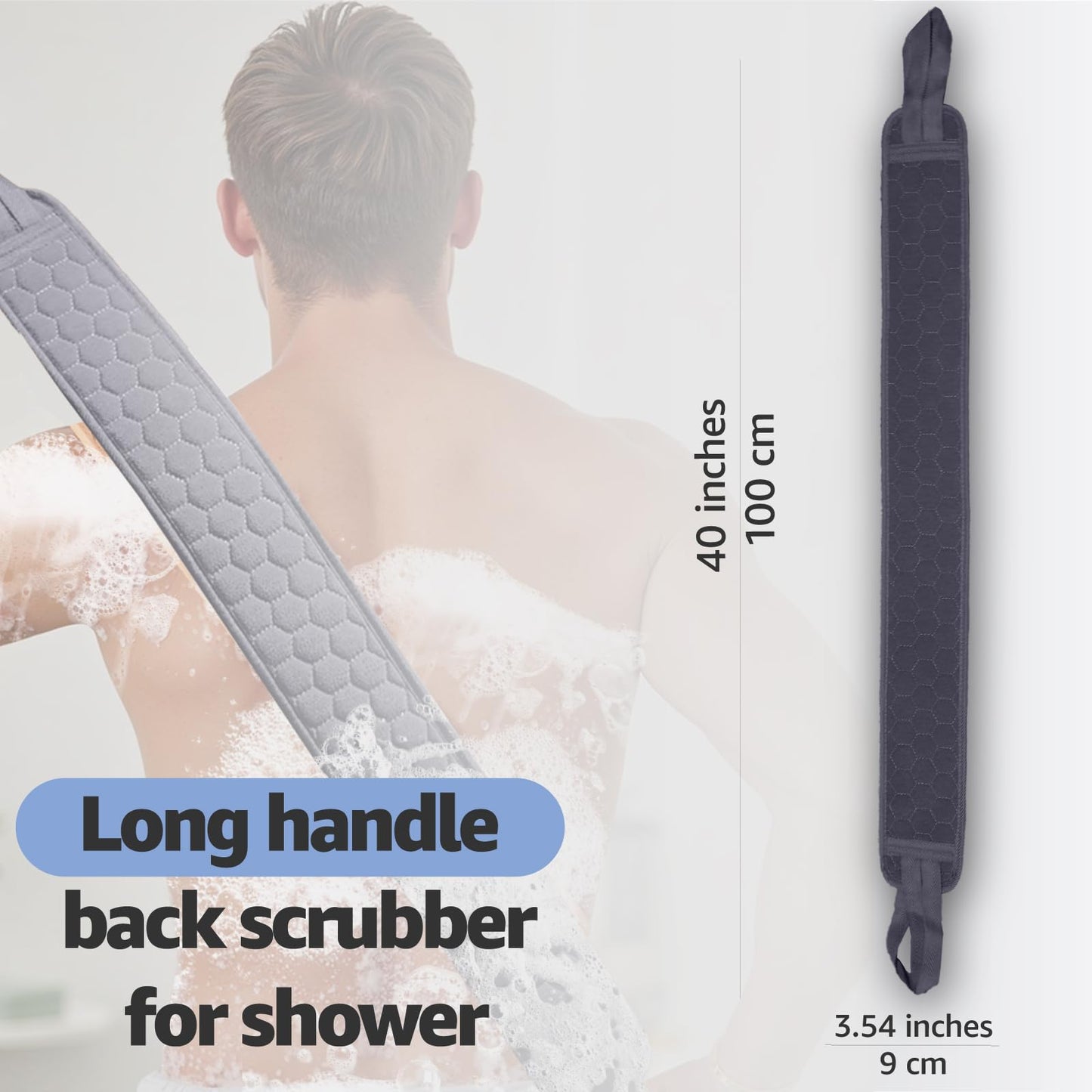 XNXA Back Scrubber for Shower with Handles, 40 Inch Extra Long Double-Sided Exfoliating Bath Strap, Textured Body Washer with Extended Reach for Deep Cleaning (Grey)