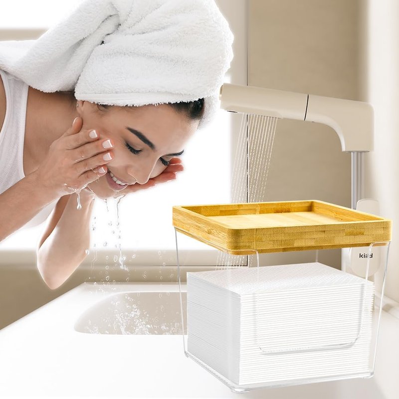 GRETJOB Acrylic Face Towel Holder Box - XL Storage Container with Bamboo Lid for Bathroom & Vanity
