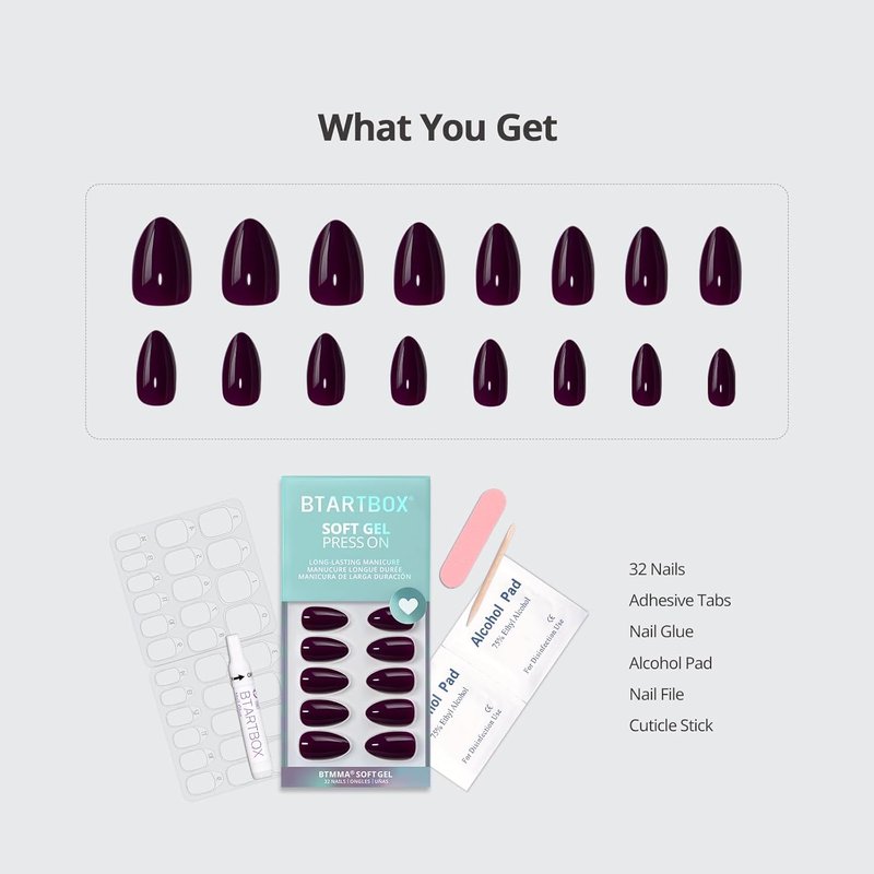 BTArtbox Press On Nails - Poison Potion Dark Purple Almond Nails | 32-Piece Soft Gel Kit in 16 Sizes