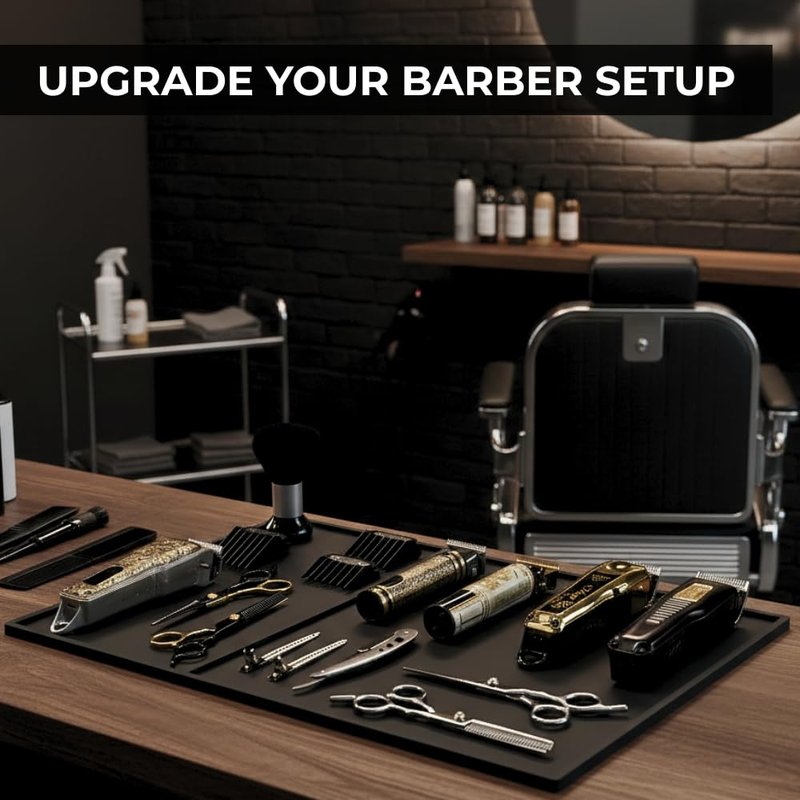 HAPPYPOSH Extra Large Barber Mat 20" x 14", Professional Non-Slip Barber Station Mat for Clippers & Tools, Rubber Barber Organizer Counter Pad, Easy-Clean Barbershop Workstation Mat. Black