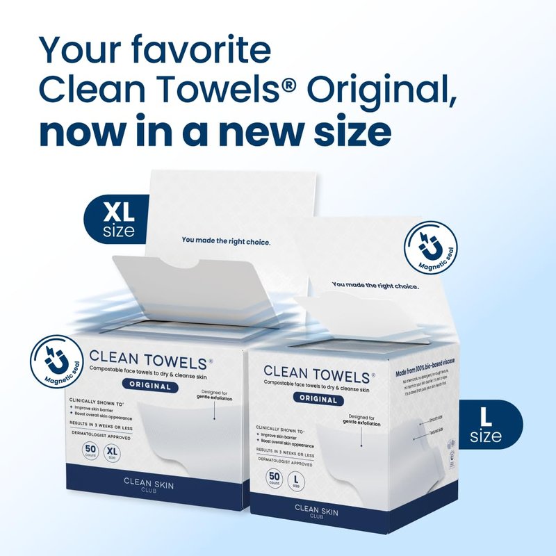 Clean Skin Club Clean Towels® Large, 100% USDA Biobased Face Towel, Disposable Face Towelette, Eczema Association Accepted, Makeup Remover Dry Wipes, Ultra Soft, 1 Pack, 50 Ct