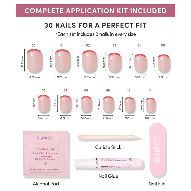 Glamnetic Press On Nails - Hotline Red | Super Short Fake Nails in Fiery Red French Tips on Semi-Transparent Base in a Glazed Finish | 15 Sizes - 30 Nail Kit with Glue