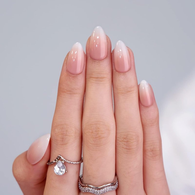 Almond Press On Nails Medium - Soft Gel Ombre Fake Nails with Nail Glue, Semi-Transparent Reusable Glue On Nails in 15 Sizes - 30PCS Stick On Nails Kit, Vanilla Cream Almond