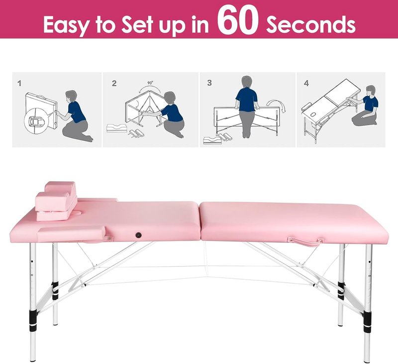 Masajeo Portable Lash Bed - Adjustable Spa Table with Eyelash Pillow | Waterproof Aluminum Frame (Pink)
