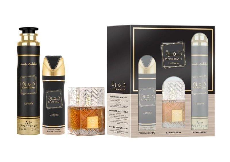 Lattafa Khamrah Unisex Gift Set - EDP, Deo & Air Freshener | 3.4 Fl Oz, 6.67 Fl Oz, 10.14 Fl Oz