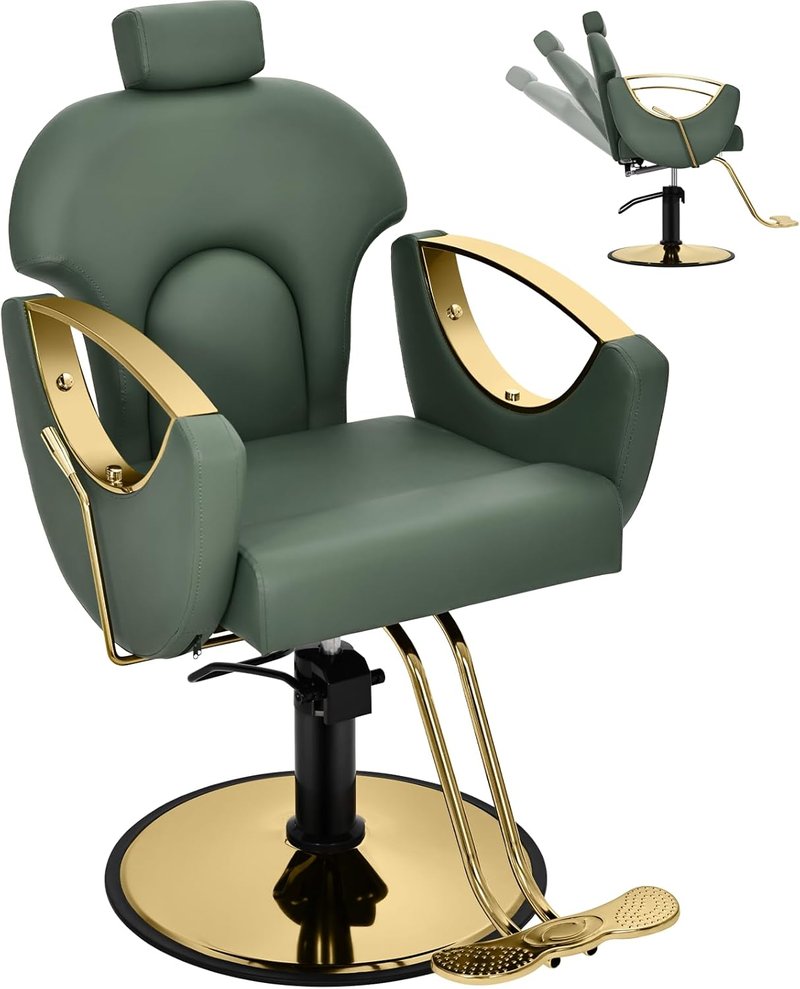 Salon Chair for Hair Stylist - 360° Swivel Reclining Barber Chair | Height Adjustable Spa Beauty Equipment, Green Gold