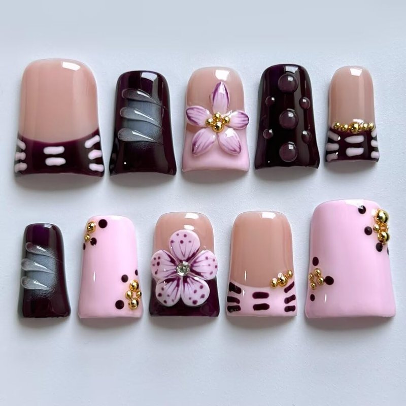 Press On Nails - Handmade French Purple Duckbill Fake Nails - 10 Pcs Reusable 3D Acrylic Nail Kit | Size M