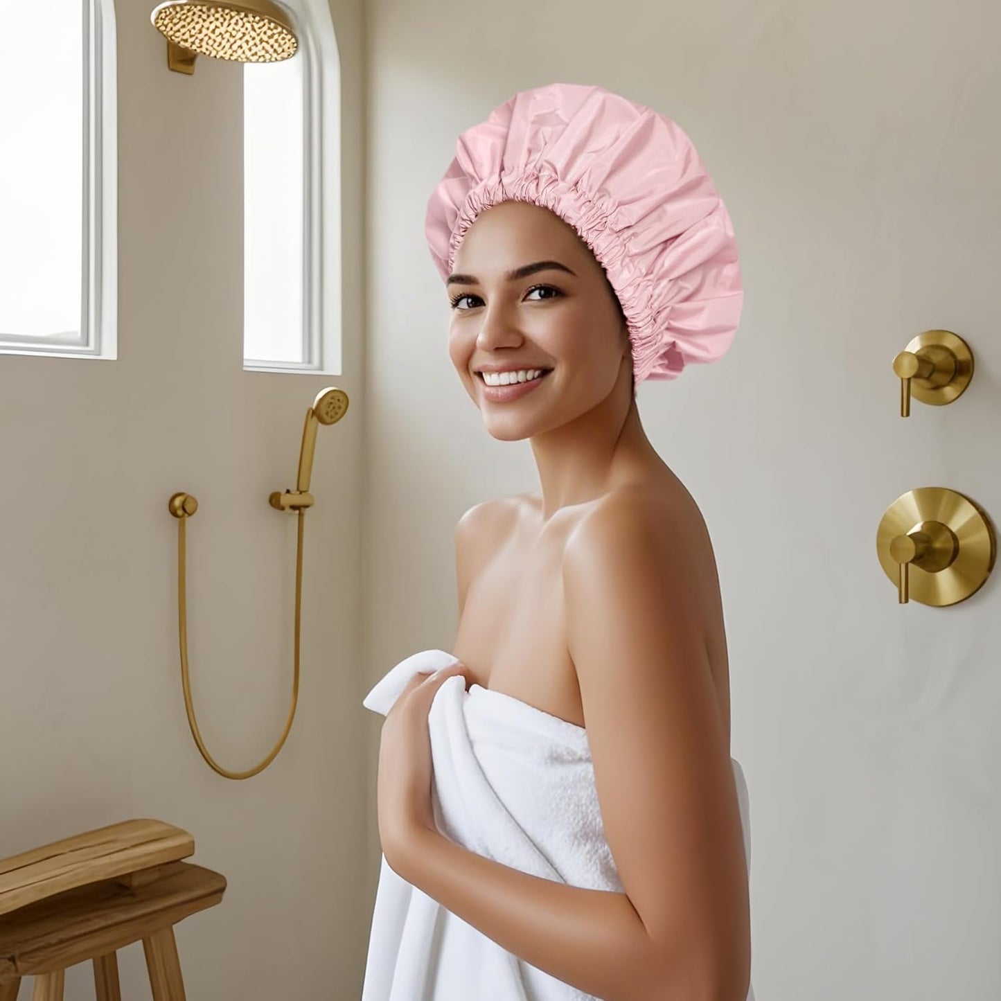 Skiennix Reusable Shower Cap - Large Waterproof Hair Bonnet with Elastic Band for Long, Curly Hair | Pink & Beige