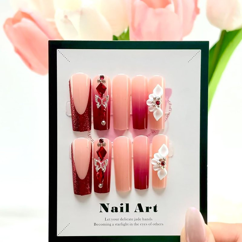 24Pcs Red French Tip Press on Nails Long Square Fake Nails 3D Flower False Nails with Glitter Butterfly Rhinestones Red Gems Design Full Cover Glue on Nail Artificial Stick on Nails for Women Manicure