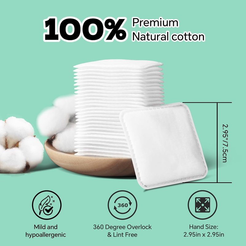 Skiennix Large Square Cotton Pads - Lint-Free, Soft, Multi-Layer for Makeup Removal | 80 Count