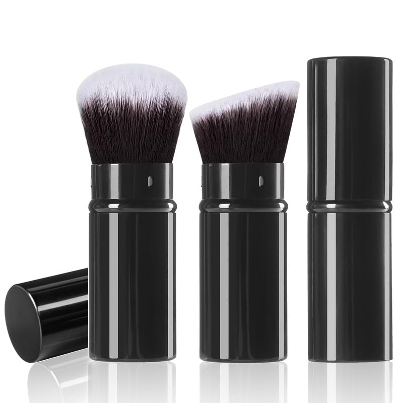 Keriloo Retractable Kabuki Makeup Brush, 2 Pack Travel Angled Powder Foundation Blush Brush Set for Blending Liquid, Bronzer, Buffing, Concealer, Blush, Highlighter, Flawless Cosmetics
