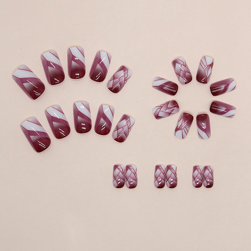 Press on Nails Medium Length Wine Red Square False Nails Lines Grids Design Charm Fake Nails Artificial Acrylic Nails Full Cover Glossy Reusable Coffin Nails Glue on Nails for Women Supplies 24Pcs