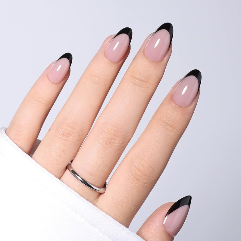 Black French Tip Press On Nails, Short Almond Fake Nails, Reusable Glue On Nails with Nail Glue, French Tip Design for Women 32 Pieces 16 Sizes