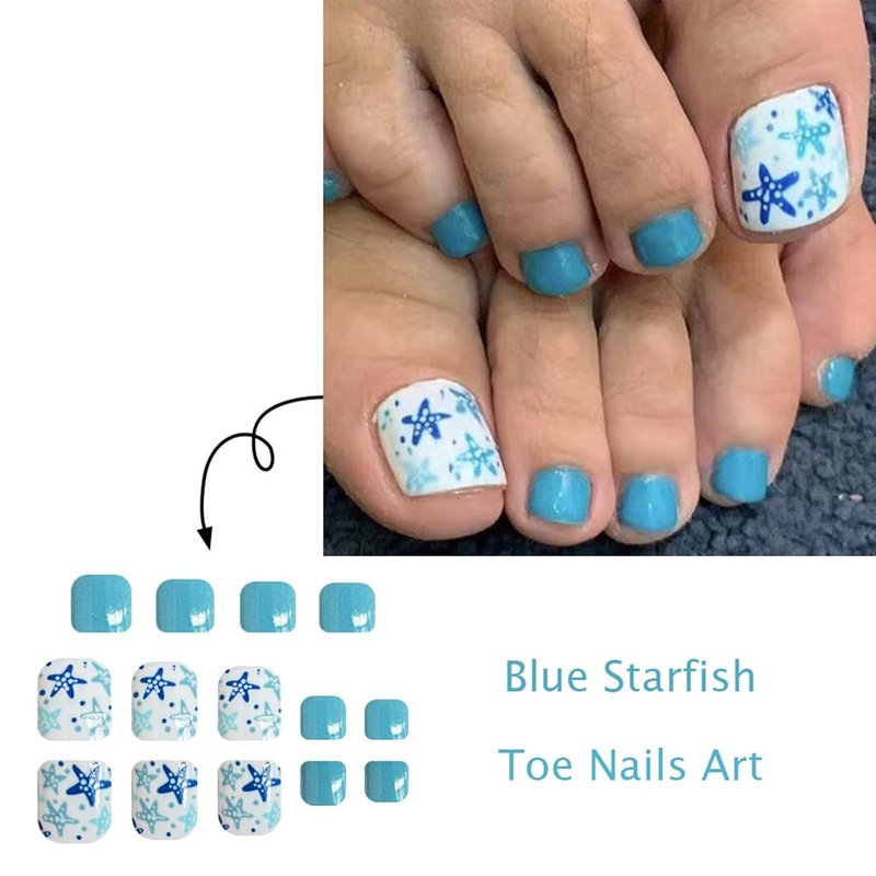Blue Starfish Press-On Toenails - Short Square Acrylic Nail Tips for Summer Beach | 24 Reusable Nails