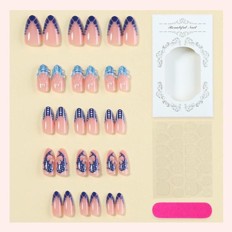3D Ocean Shark Press on Nails, Blue French Tip Fake Nails with Polka Dot Designs, Almond Shape Glossy False Nails for Women, 30Pcs Artificial Stick on Nails for Daily Party Beach Vacation