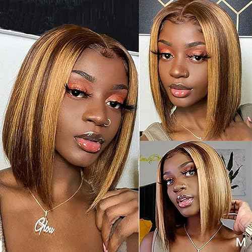 16 Inch Omber Bob Wig Human Hair 13x4 HD Transparent Lace Front Wigs 180 Density Straight 4/27 Highlight Wig Short Bob Wig Human Hair