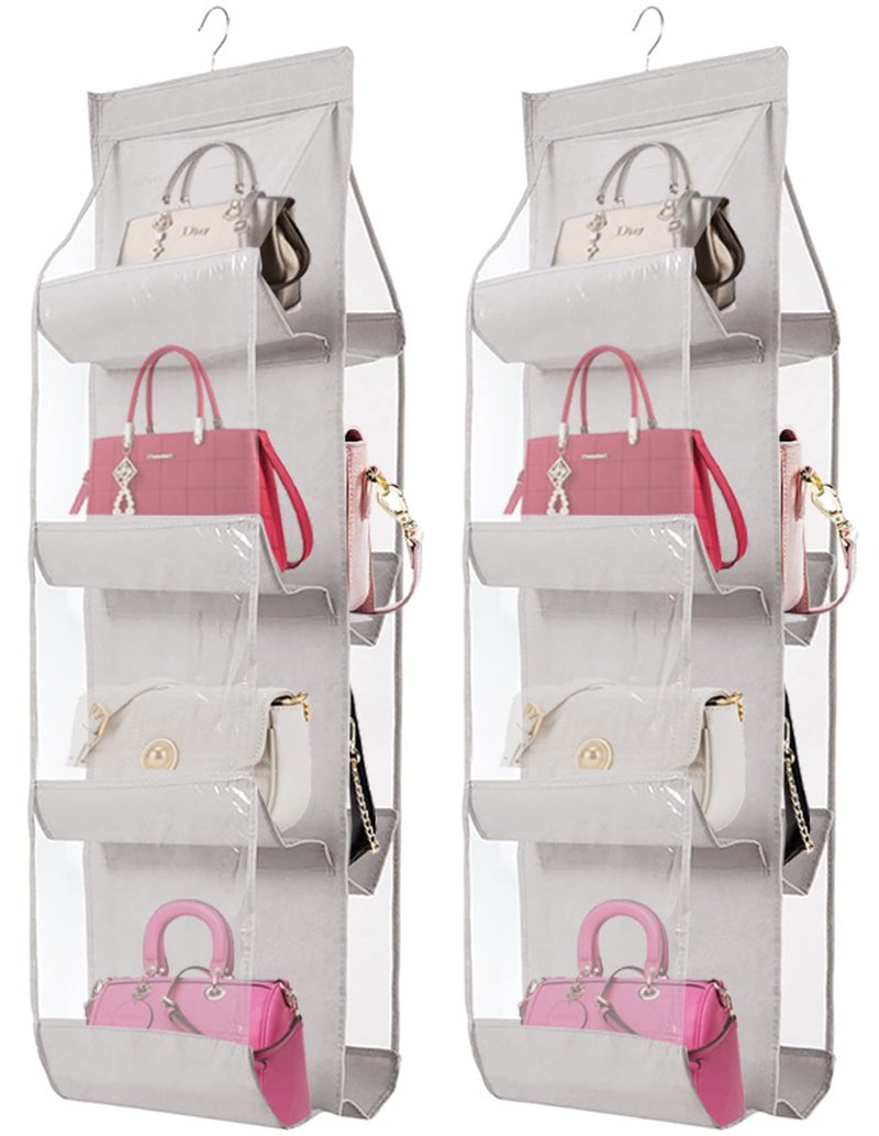 AARAINBOW 2 Packs Hanging Handbag Purse Organizer for Closet, Womens Purse Storage Bag, 8 Pockets Wardrobe Space Saving Purse Holder, Wardrobe Handbag Organizer, 41L*13.5W (B, 2 Gray)