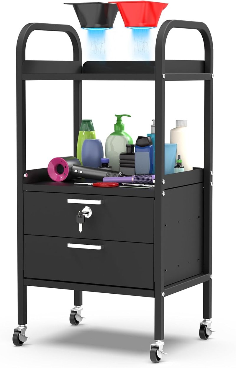 Metal Salon Trolley Cart with Wheels - 4-Tier Rolling Tray Organizer for Hair Stylists & Estheticians | Lockable Drawers & Durable Design