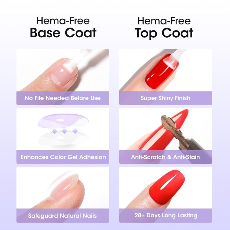 GELLEN Gel Base and Top Coat - Hema-Free Glossy Finish | 20ml No Wipe Soak Off Nail Polish