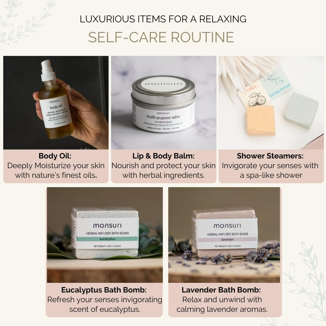 Muscle Relaxing Spa Gift Set for Women | Bath & Body Care Package with Natural Body Oil, Balm, Bath Bomb. Relaxation Self Care Package for Sore Muscles.
