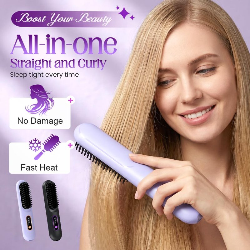 Portable Straightener Brush for Short Hair, 2026 Upgraded Cordless Straightening Brush with 30s Fast Heat, 3 Temperature Setting, Ionic Ceramic Care, USB-C Rechargeable for Frizz Free Styling (Purple)