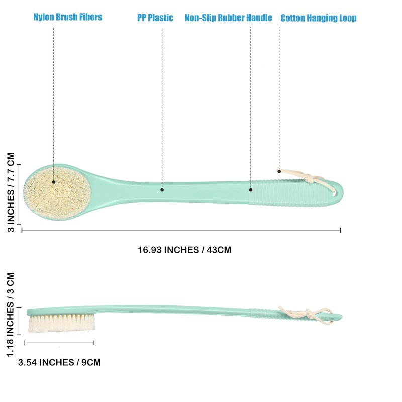 ROLIZOE 17-Inch Back Scrubber for Shower, Anti-Slip Exfoliating Body Brush for Bath, Gentle Back Brush for Shower for Men, and Women, Cleaning Skin for Smooth, Glowing Skin (Celadon Green)