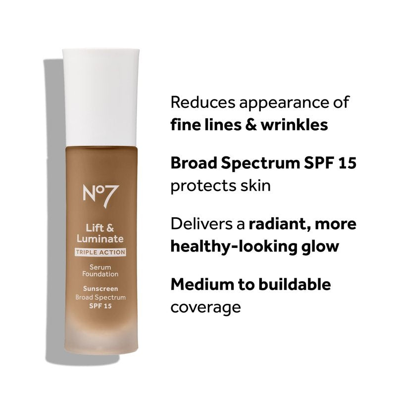 No7 Lift & Luminate Serum Foundation - Radiant Liquid Makeup with SPF 15 for Mature Skin - Porcelain (30ml)