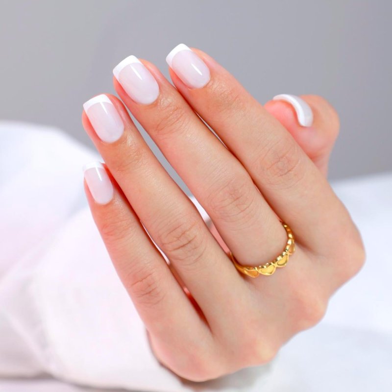 LAMIMOSA 32Pcs Milky White French Tip Press on Nails Short Square - Soft Gel Fake Nails in 16 Sizes, Reusable Glue on Nails Kit, False Nails, MILKY FRENCHY