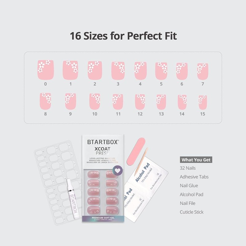 Press On Nails - Petalfall 3D Flower Design | Short Pink Square, 4-Week Wear, 16 Sizes, Easy Application