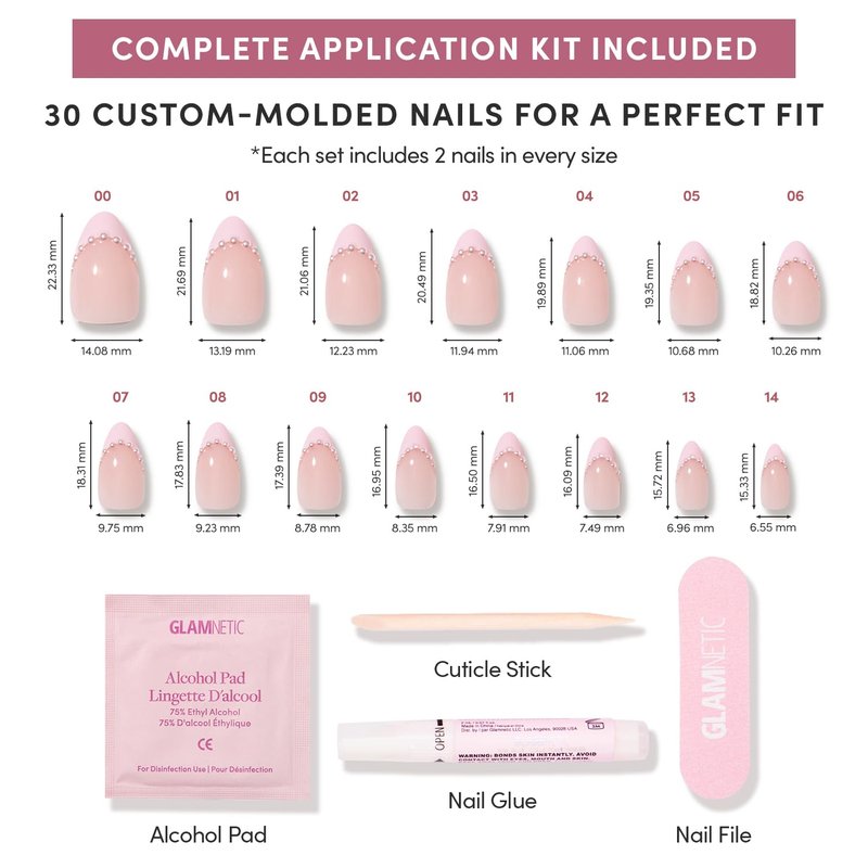 Glamnetic Press On Nails - Pink Me Up Spring Nails | Short Almond Fake Nails in Pastel Pink French Tips with 3D Pearls in a Glossy Finish, Salon Quality Nails | 15 Sizes - 30 Nail Kit with Glue