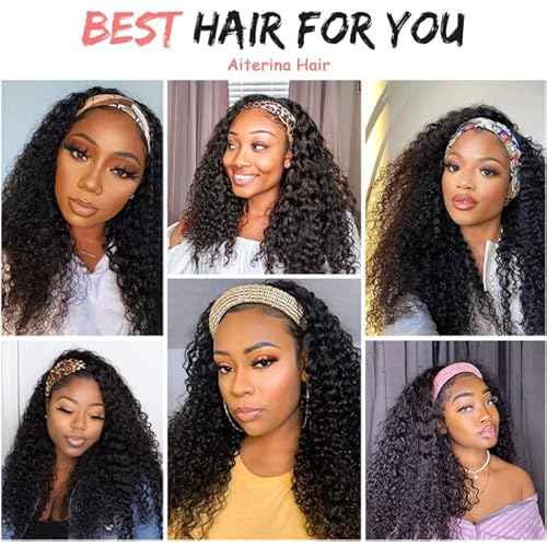 Aiterina Headband Wig deep wave human hair wigs for Black Women Brazilian Remy Hair Glueless Non Lace Front Wig 150% Density Natural Color (8 inch, Headband Wig Deep Wave)