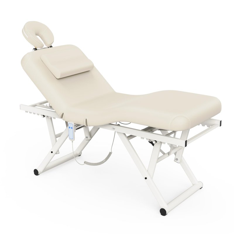 pouseayar Adjustable Massage Table with Face Pillow & Headrest, Sturdy and Solid, Silent and Easy to Adjust - Adjustable Backrest, Electric Leg Lifting, Beige Gray
