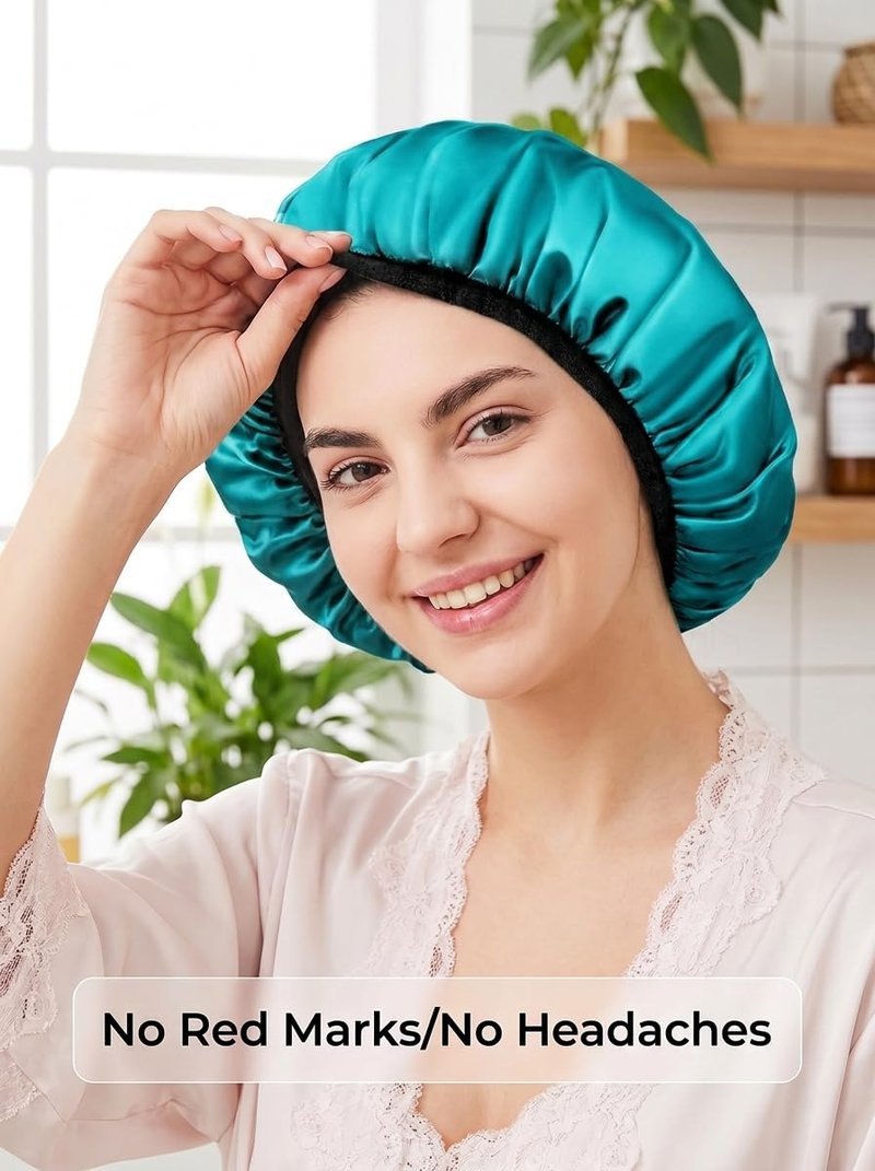 Aquior Shower Cap,Extra Large Triple Layer Bathing Cap with Dry Hair Function for Women Microfiber Terry Cloth Silky Satin 100% Waterproof Reusable Long Hair Bath Caps (Green)